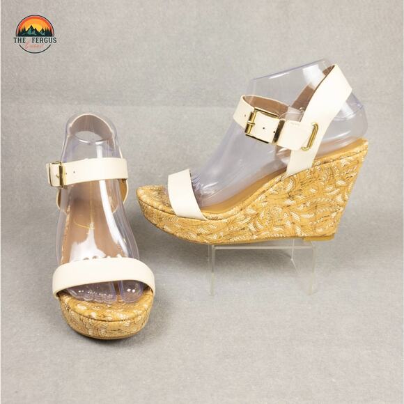Arturo Chiang White Nude Wedge Summer Sandals Ankle Strap Neutral Women's Size 8 - Picture 1 of 12